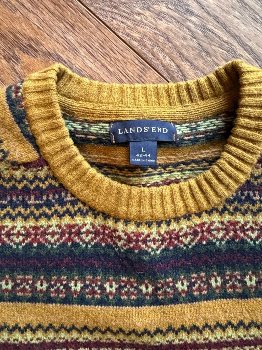 Lands' End Men's Mustard and Navy Fair Isle Crewneck Sweater 100% lambswool - Picture 4 of 5